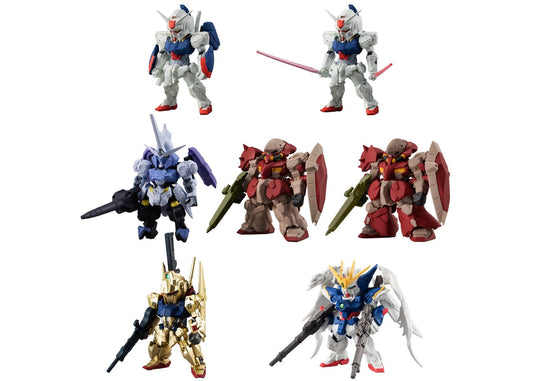 FW Gundam Converge #31 all 7 designs: Gundam ZERO, Gundam ZERO with beam sabers, Gundam Kimaris Vidar, Messer Type F01, Messer Type F02, Hyaku Shiki, Wing Gundam Zero EW
