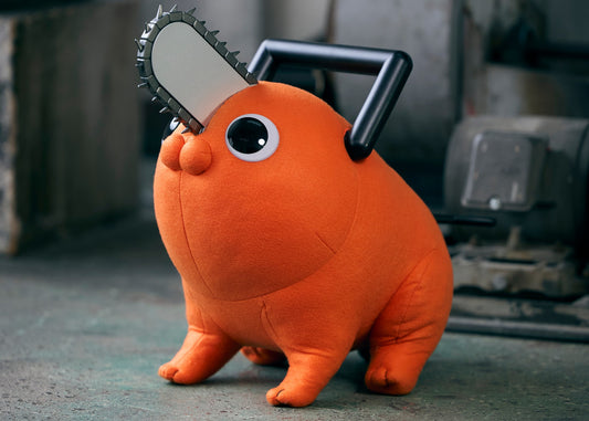 Megahouse Life Size Doll Pochita from Chainsaw Man, orange plush with chainsaw blade, front three quarter view