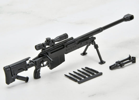 Tomytec Little Armory LA-DF39 Nemesis 1/12 scale OM 50 sniper rifle kit, assembled black rifle with scope and bipod on white
