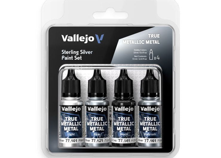 Vallejo 18ml Sterling Silver True Metallic Metal Paint Set (4 Colors)