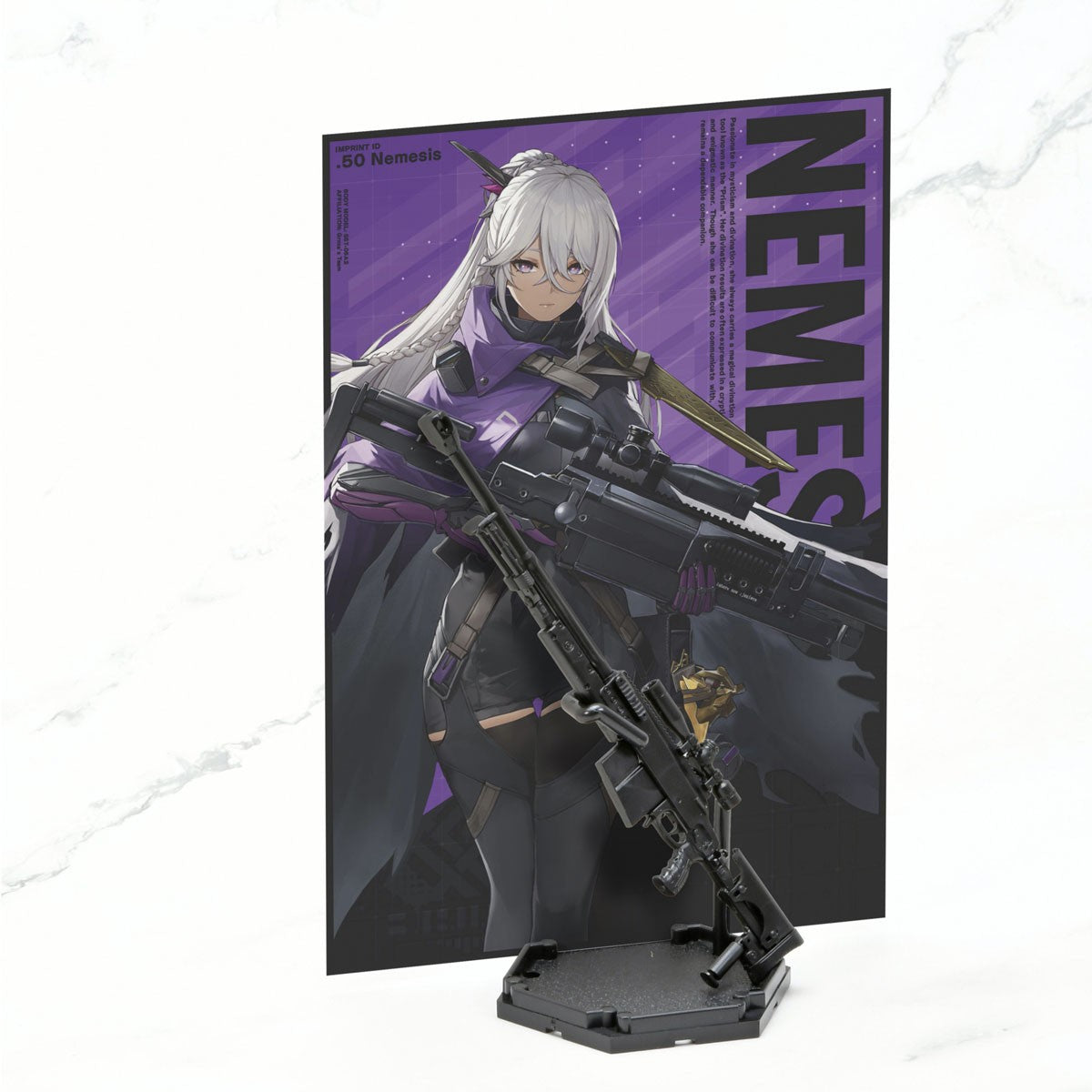 LA-DF39 Nemesis 1/12 rifle on its display stand in front of the postcard-size Nemesis display card