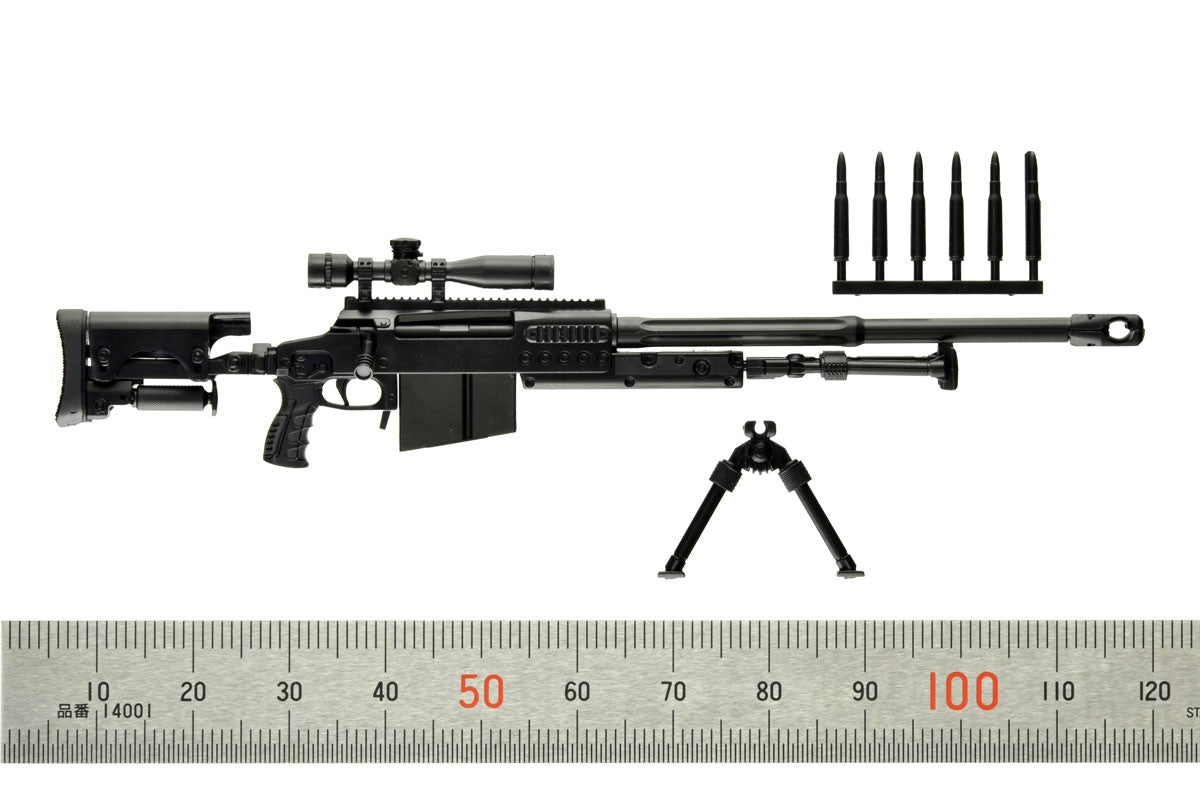 LA-DF39 Nemesis rifle with scope, folded bipod and six rounds shown above a ruler for scale