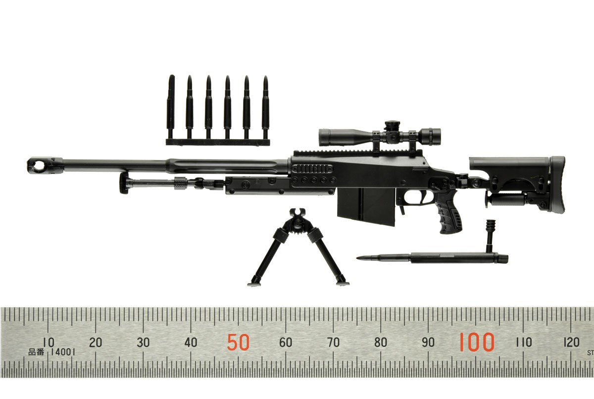 LA-DF39 Nemesis rifle facing left with six rounds, bipod and loose parts shown above a ruler for scale