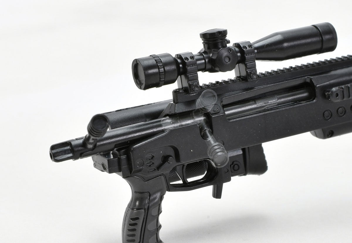 Close-up of the LA-DF39 Nemesis rifle scope, muzzle brake and pistol grip with clear bolt handle