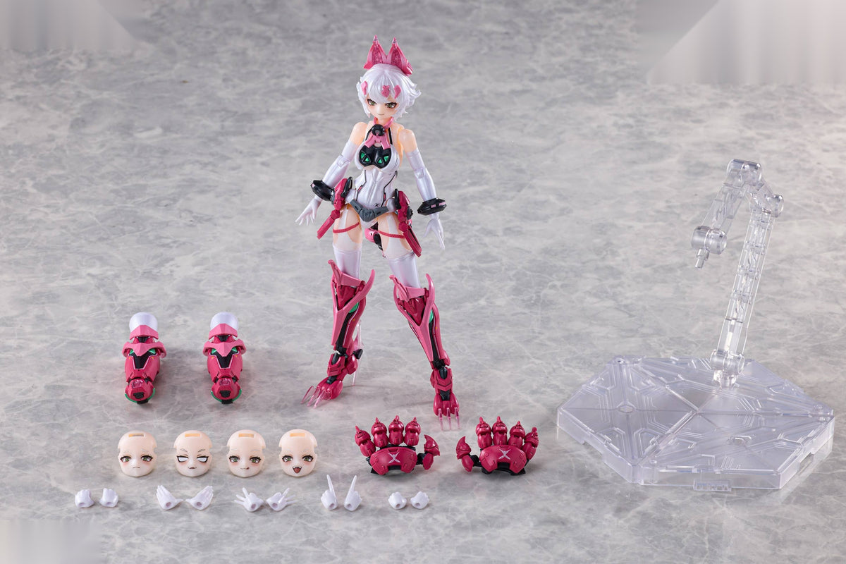 Daiblos Core Lynx Pink 1/12 model kit, parts layout with faces, hands, legs and display base