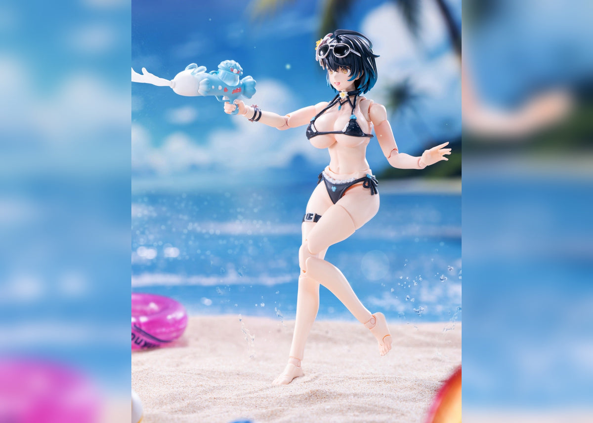Haze World Xing Shuo Summer Swim Suit Deluxe Ver. 1/12 action figure, running pose with water gun on a beach