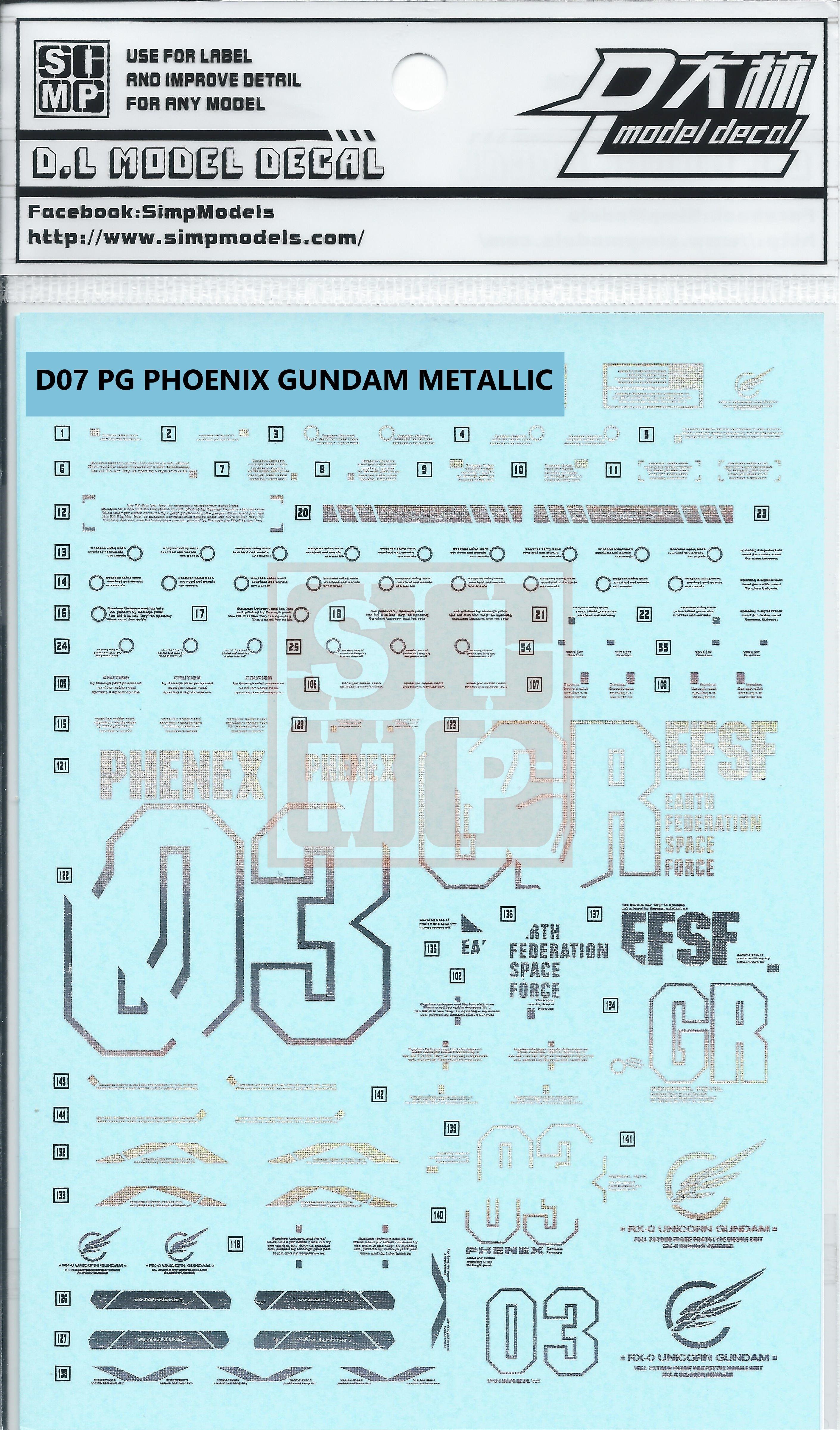 D07 PG [Unicorn] Phoenix Gundam Metallic Color Water Slide Decal
