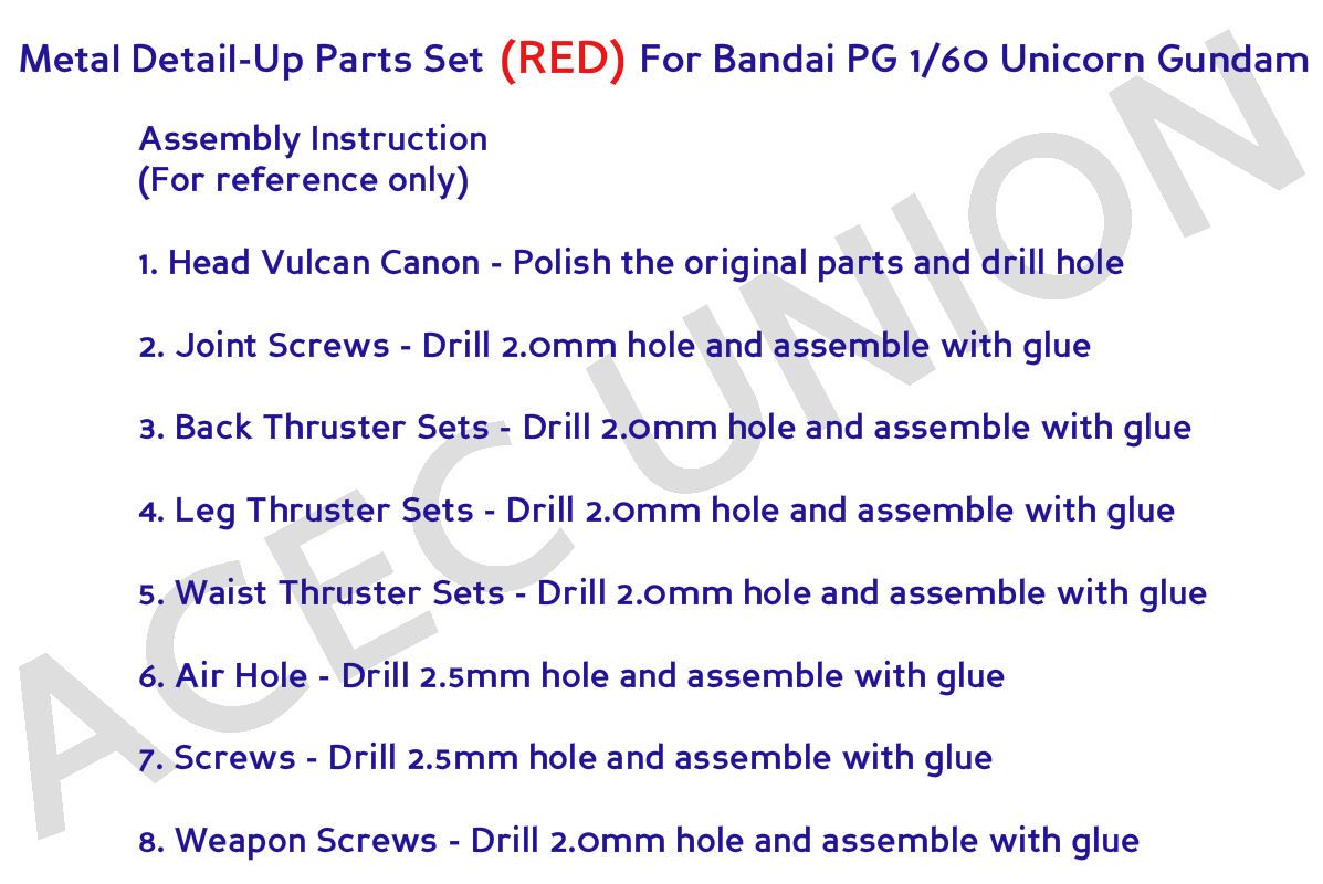 Metal Detail-Up Parts Set GOLD For Bandai PG 1/60 Unicorn Gundam